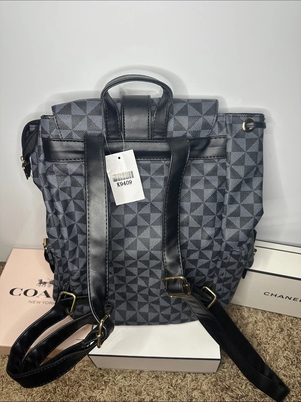 Men's Black Geometric Backpack with Bee Accent and Multicolor Stripe -